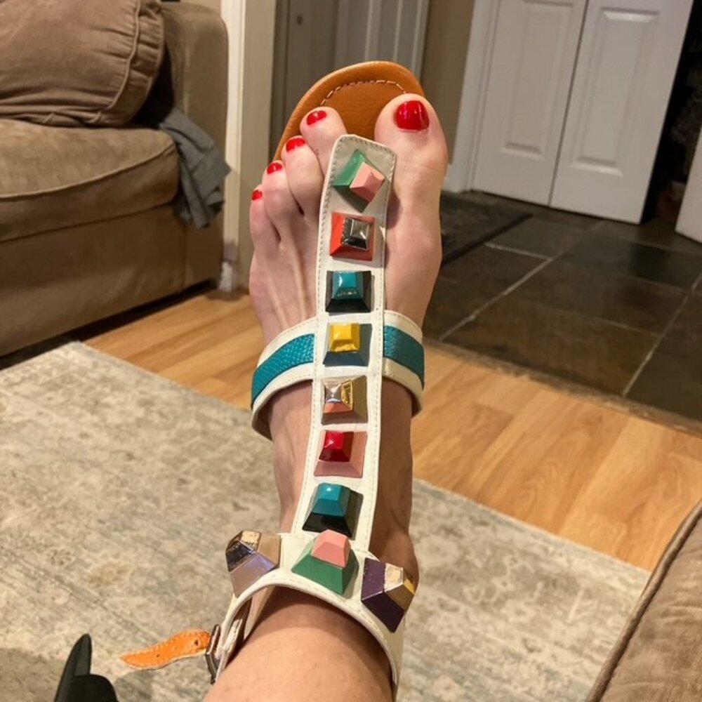 Colorful studded sandals with ankle strap